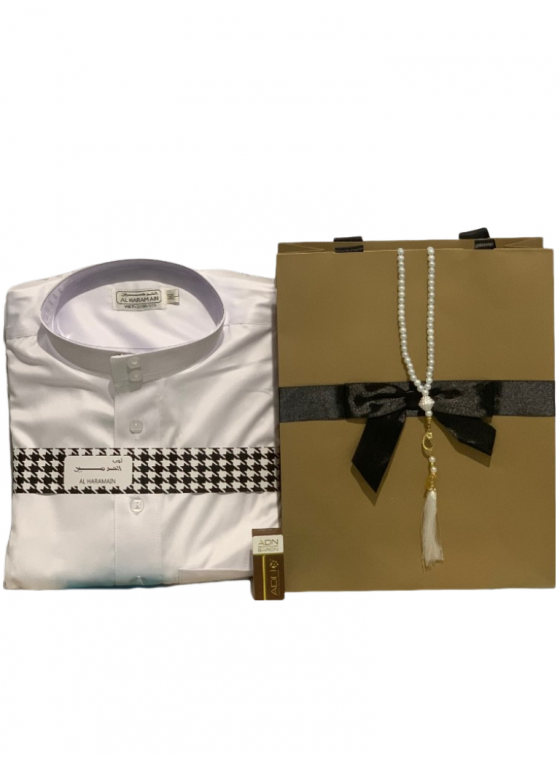 Pack cadeau Essentiel - Qamis blanc luxe - Tasbih et Musc